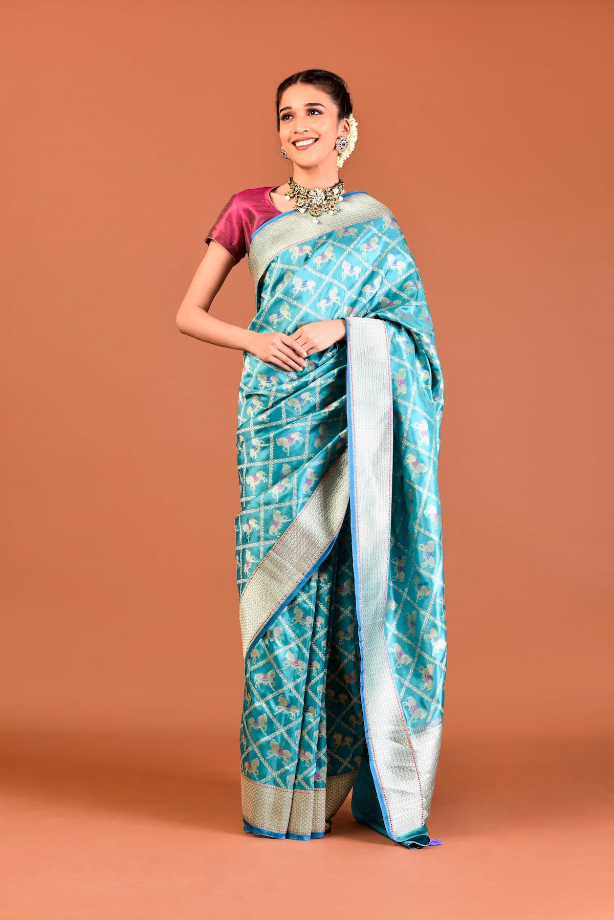 Banaras Katan Silk Chetak Jaal Saree – Aqua