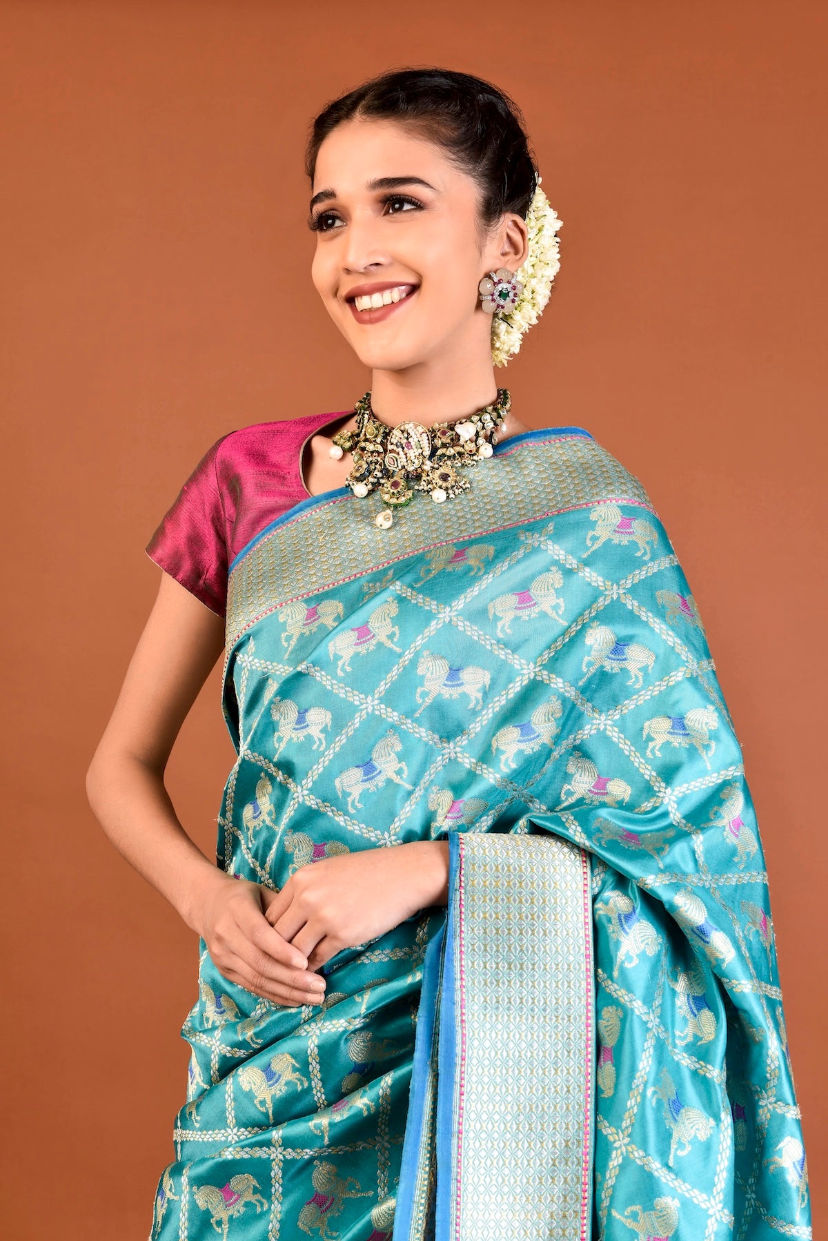 Banaras Katan Silk Chetak Jaal Saree – Aqua