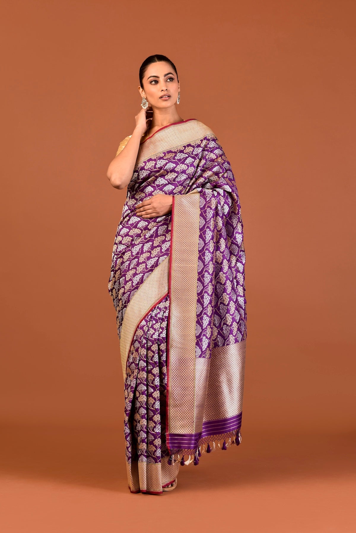 Banaras Katan Silk Silver Gold Cluster Saree – Purple