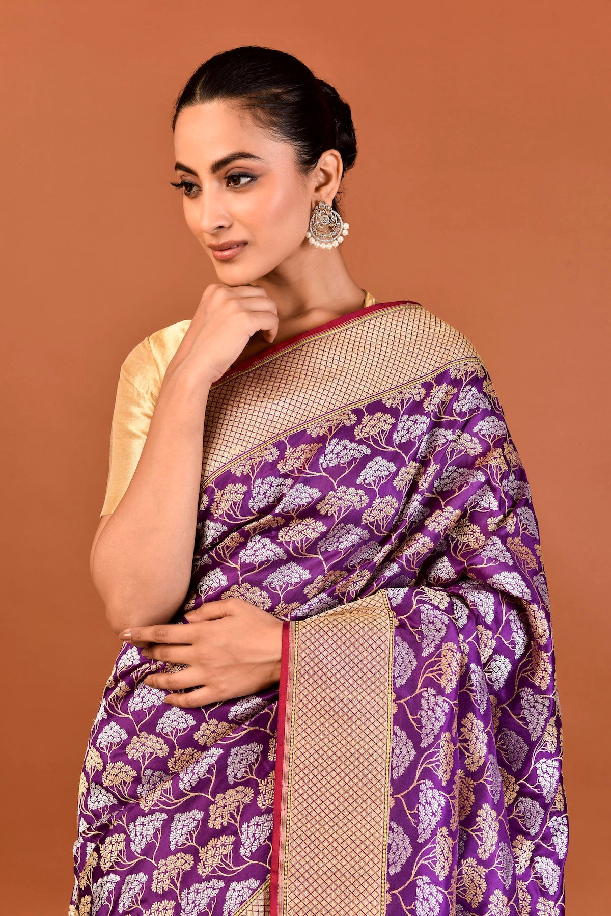 Banaras Katan Silk Silver Gold Cluster Saree – Purple