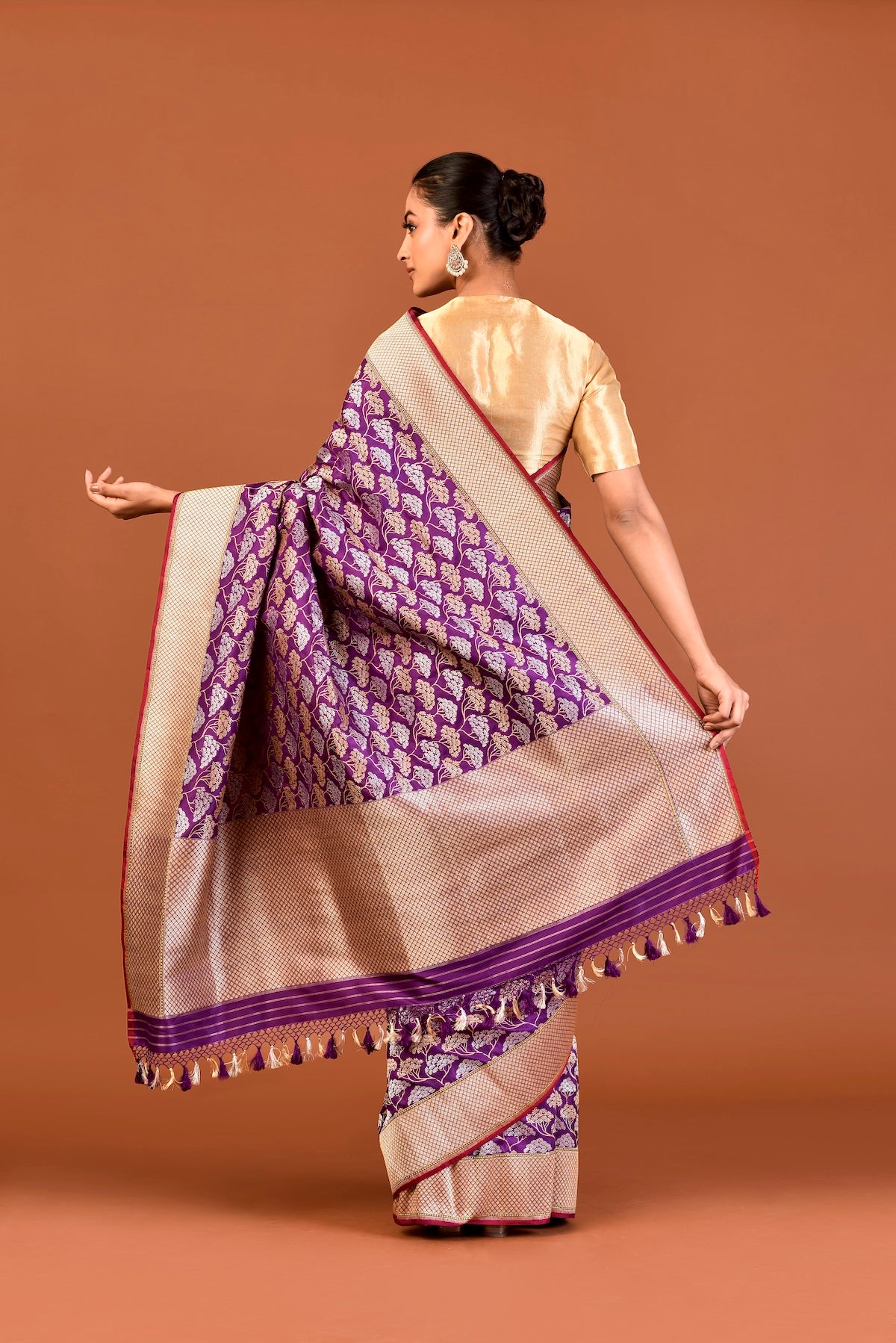 Banaras Katan Silk Silver Gold Cluster Saree – Purple