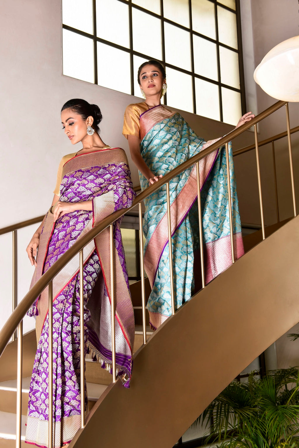Banaras Katan Silk Silver Gold Cluster Saree – Purple