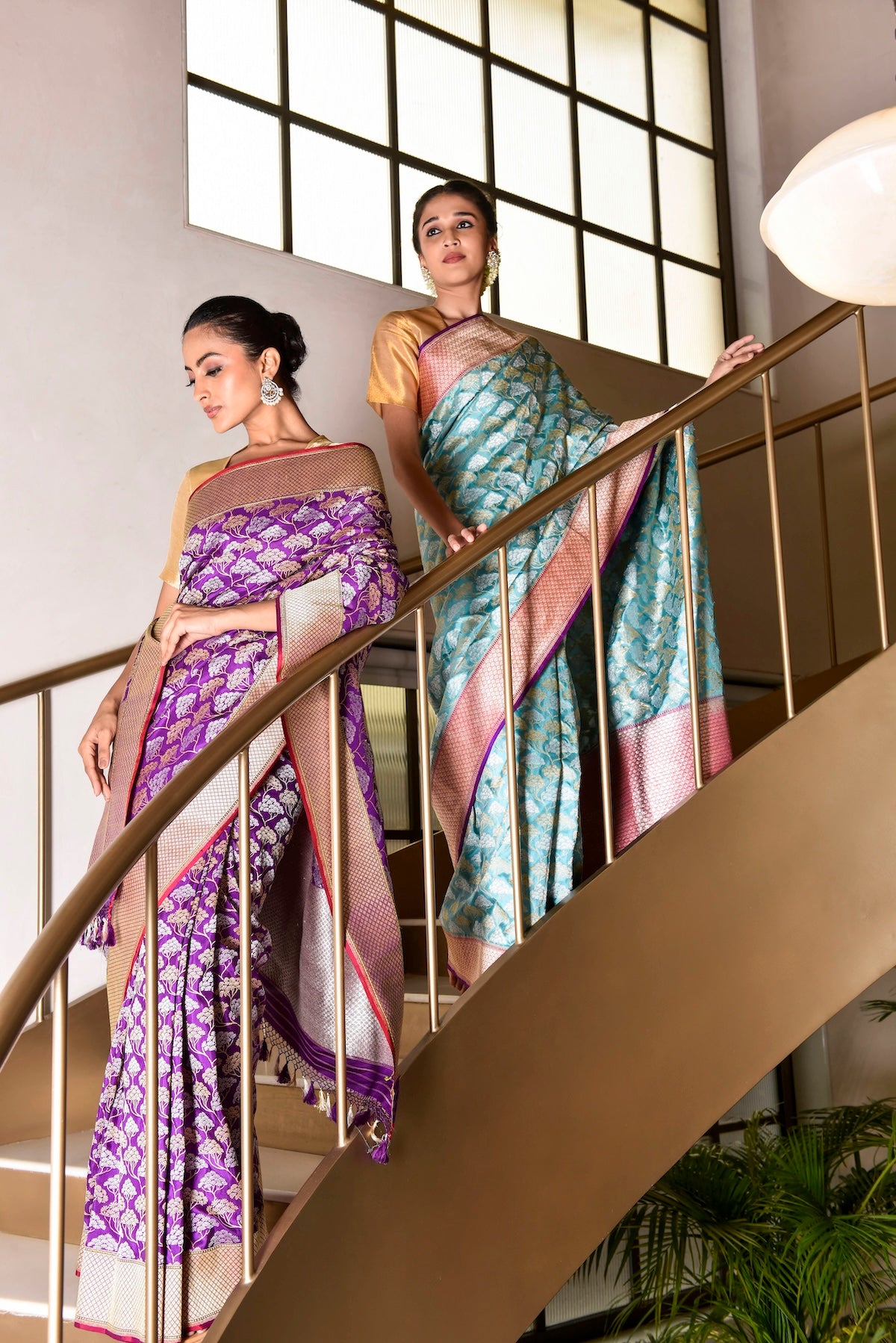 Banaras Katan Silk Silver Gold Cluster Saree – Purple