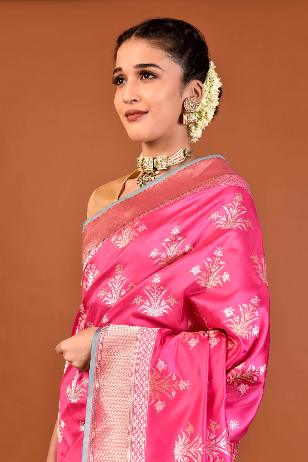Banaras Katan Silk Lily Flower Buti Saree - Pink