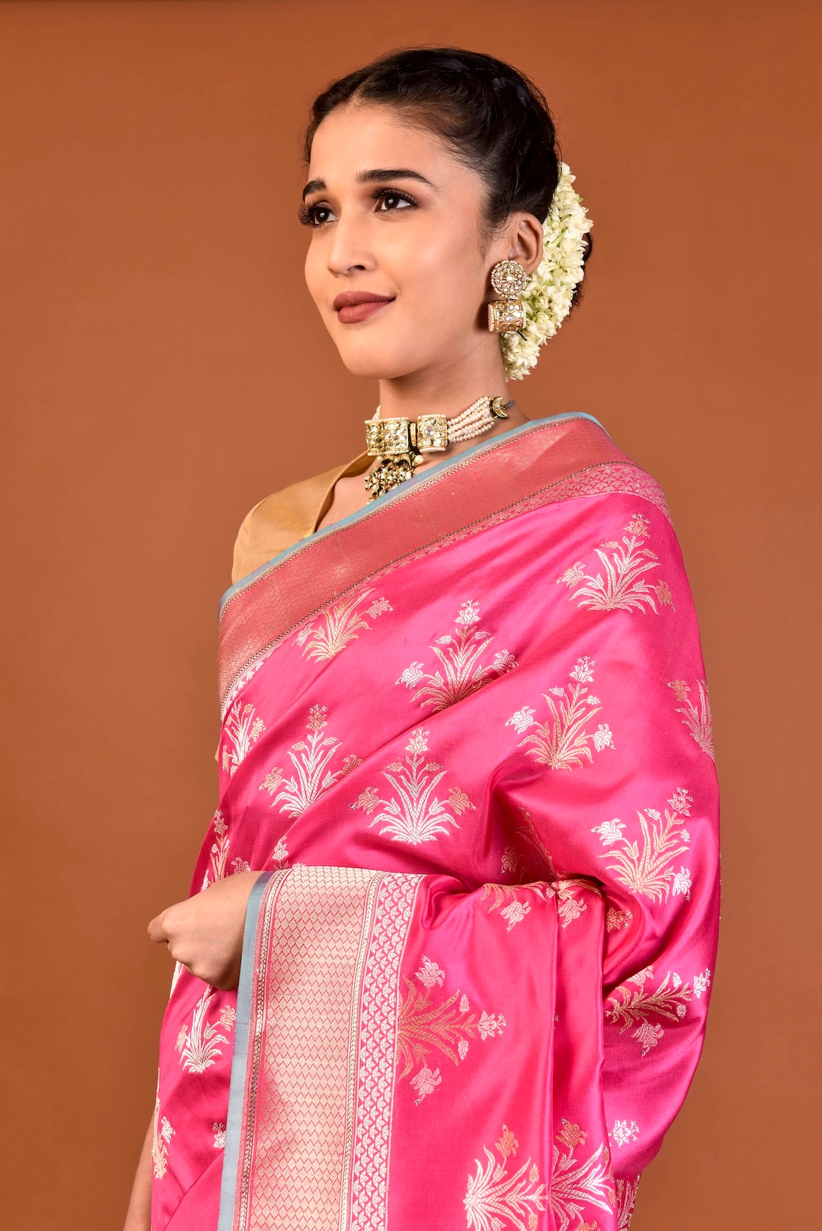 Banaras Katan Silk Lily Flower Buti Saree - Pink