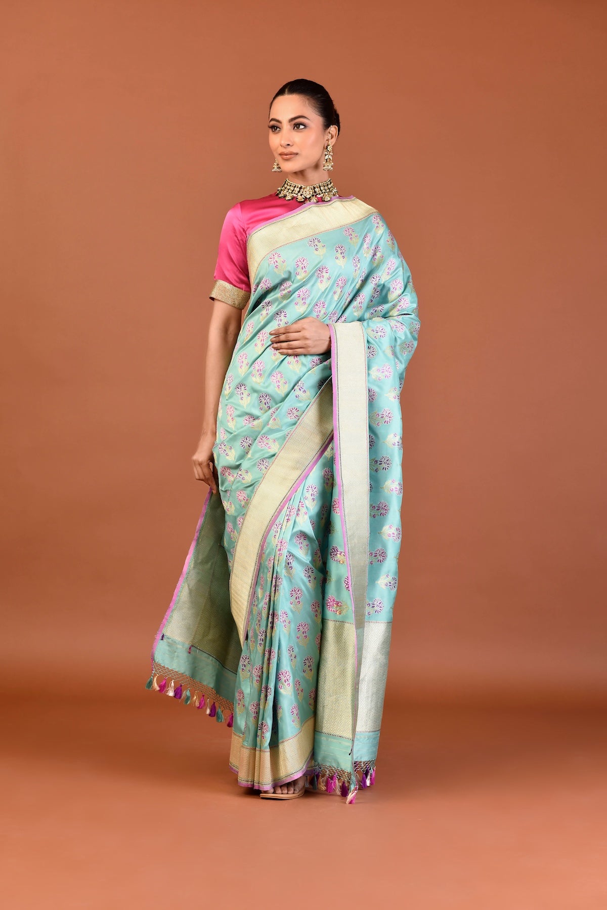 Banaras Katan Silk Dancing Blossom Saree – Aqua