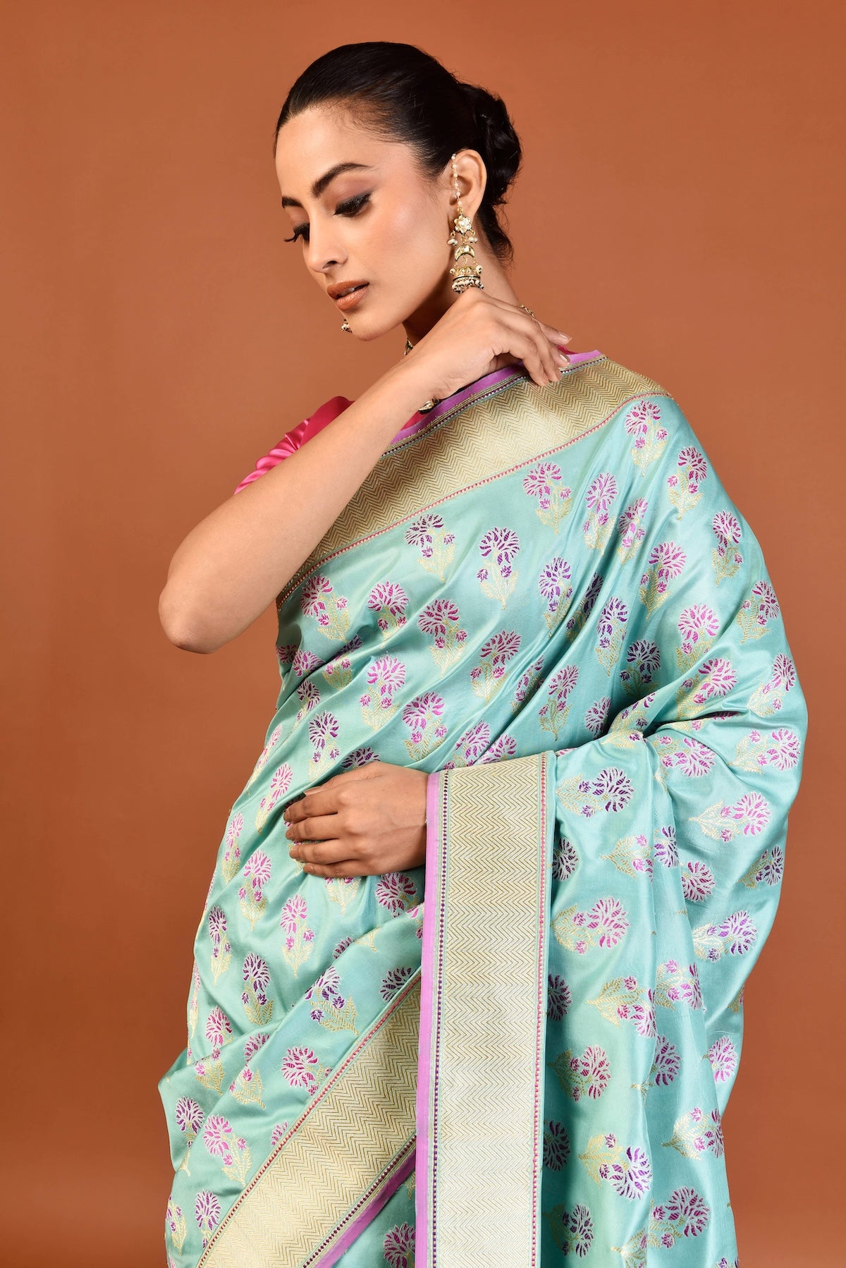 Banaras Katan Silk Dancing Blossom Saree – Aqua