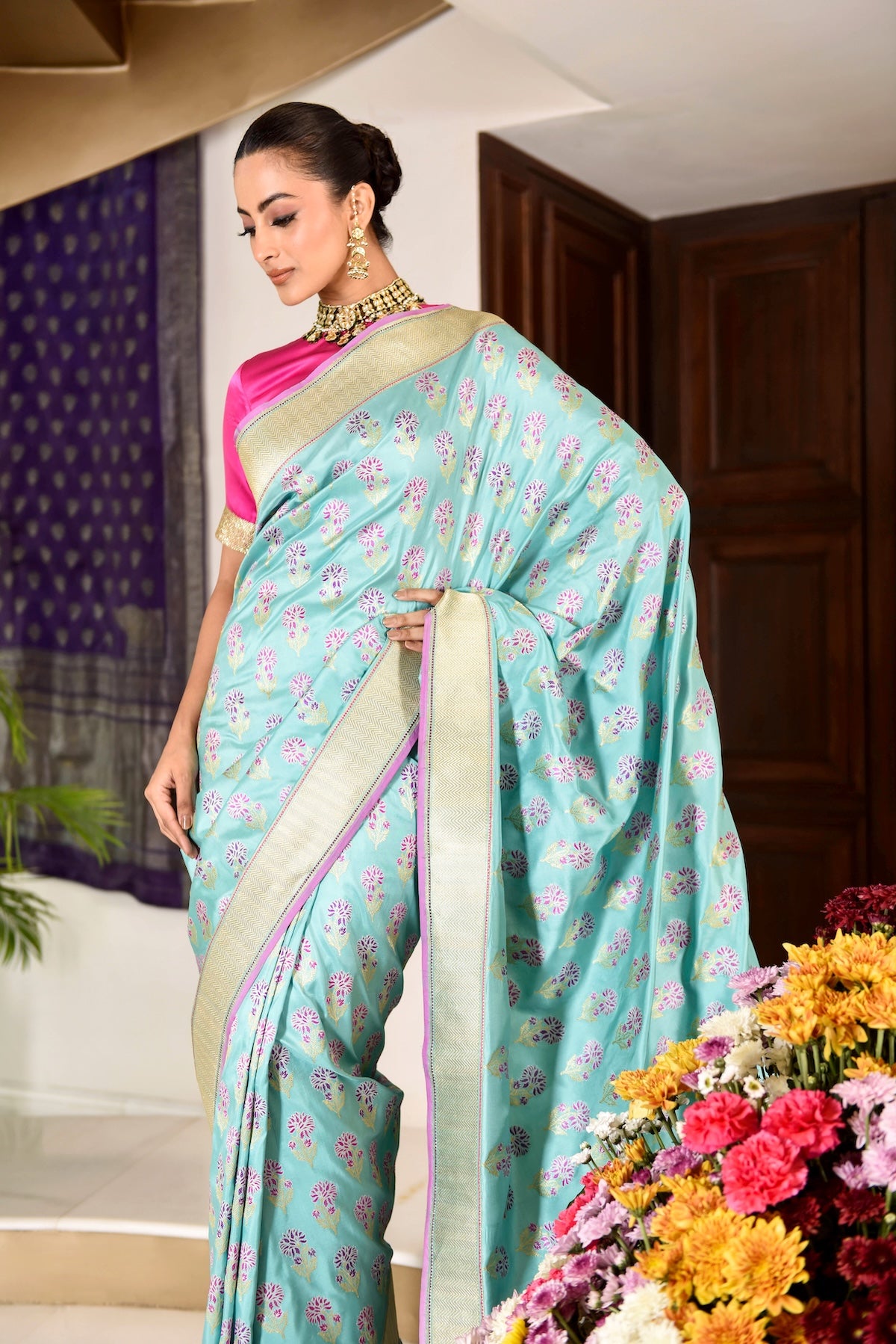 Banaras Katan Silk Dancing Blossom Saree – Aqua