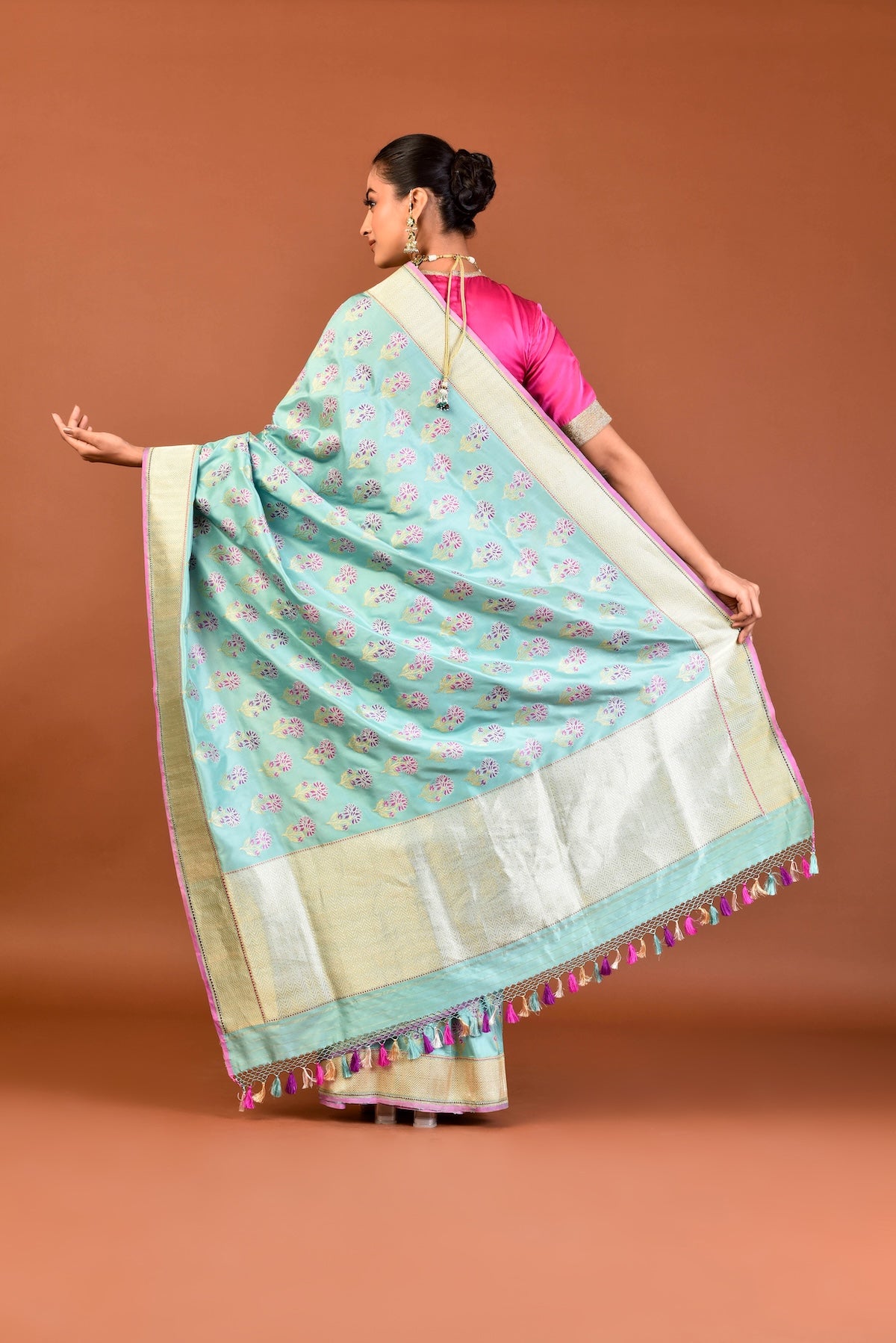 Banaras Katan Silk Dancing Blossom Saree – Aqua