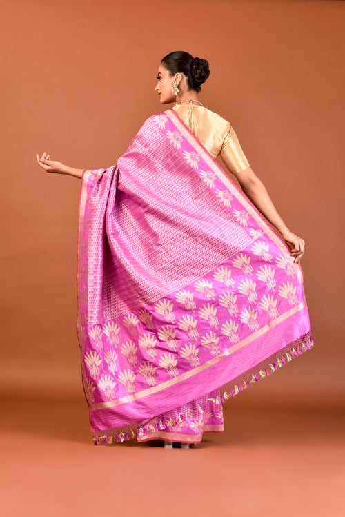 Banaras Katan Silk Banana Tree Palla Broder Triangle All-Over Saree - Orange