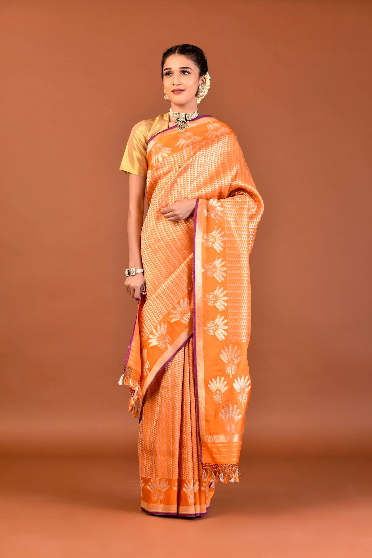 Banaras Katan Silk Banana Tree Palla Broder Triangle All-Over Saree - Orange