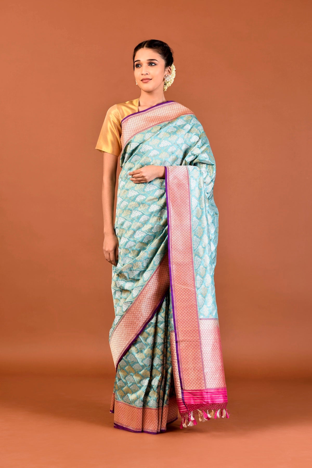 Banaras Katan Silk Silver Gold Cluster Saree – Aqua