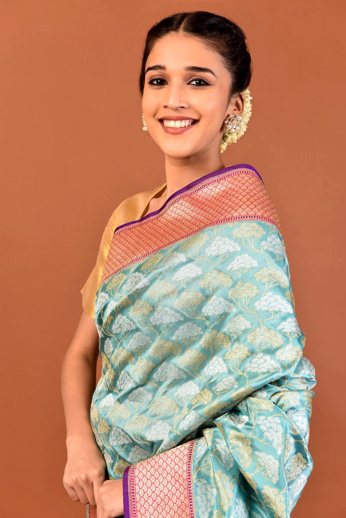 Banaras Katan Silk Silver Gold Cluster Saree – Aqua