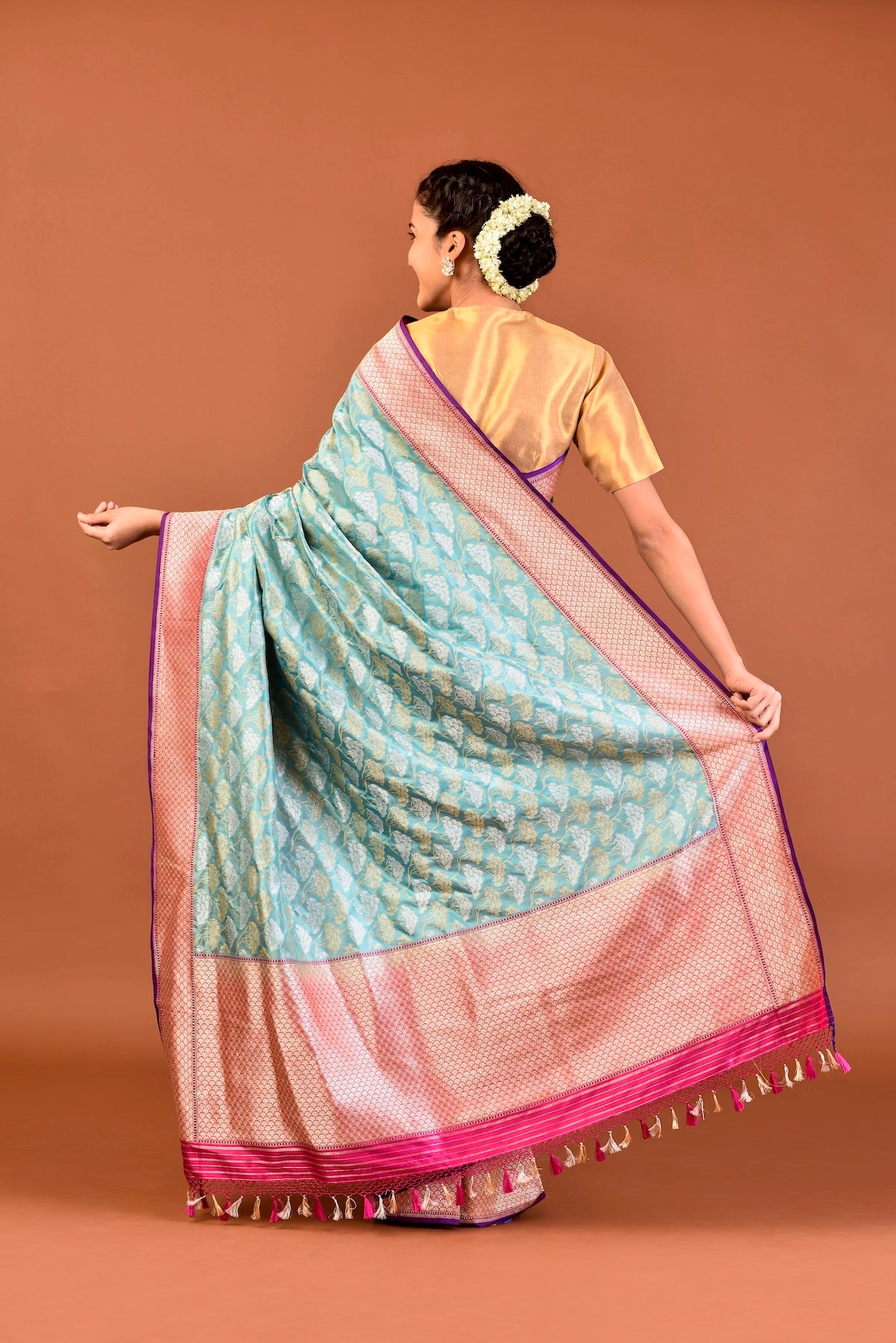 Banaras Katan Silk Silver Gold Cluster Saree – Aqua