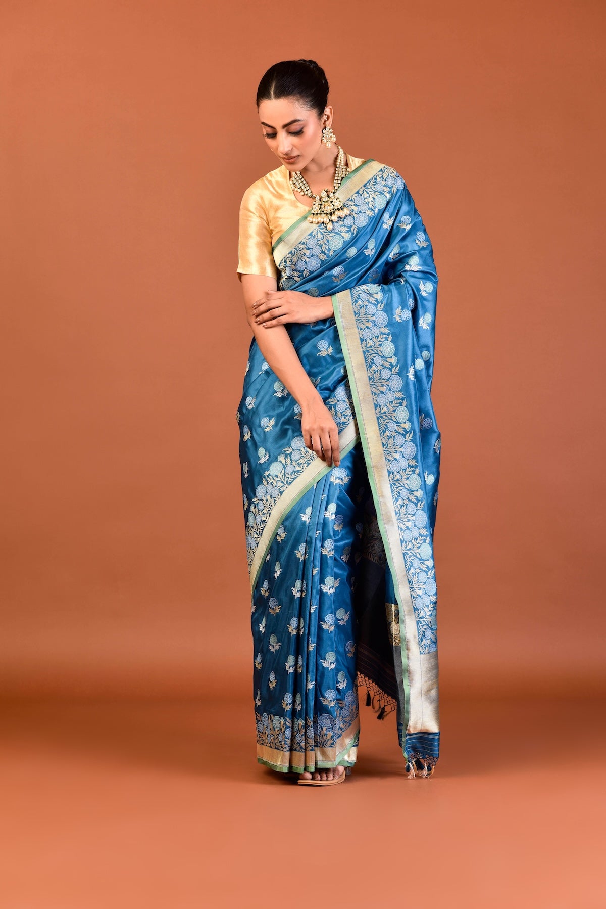 Banaras Katan Silk Genda Phool Saree – Blue