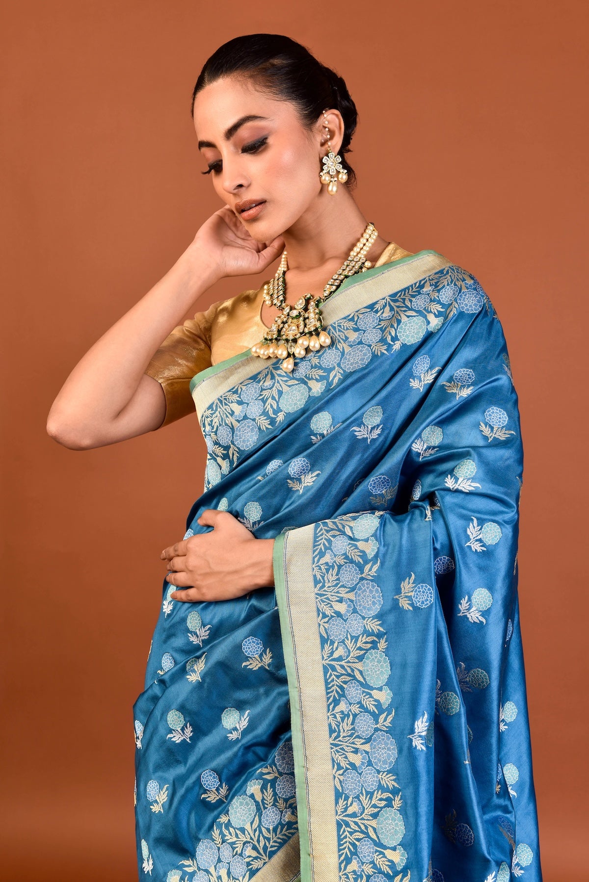 Banaras Katan Silk Genda Phool Saree – Blue