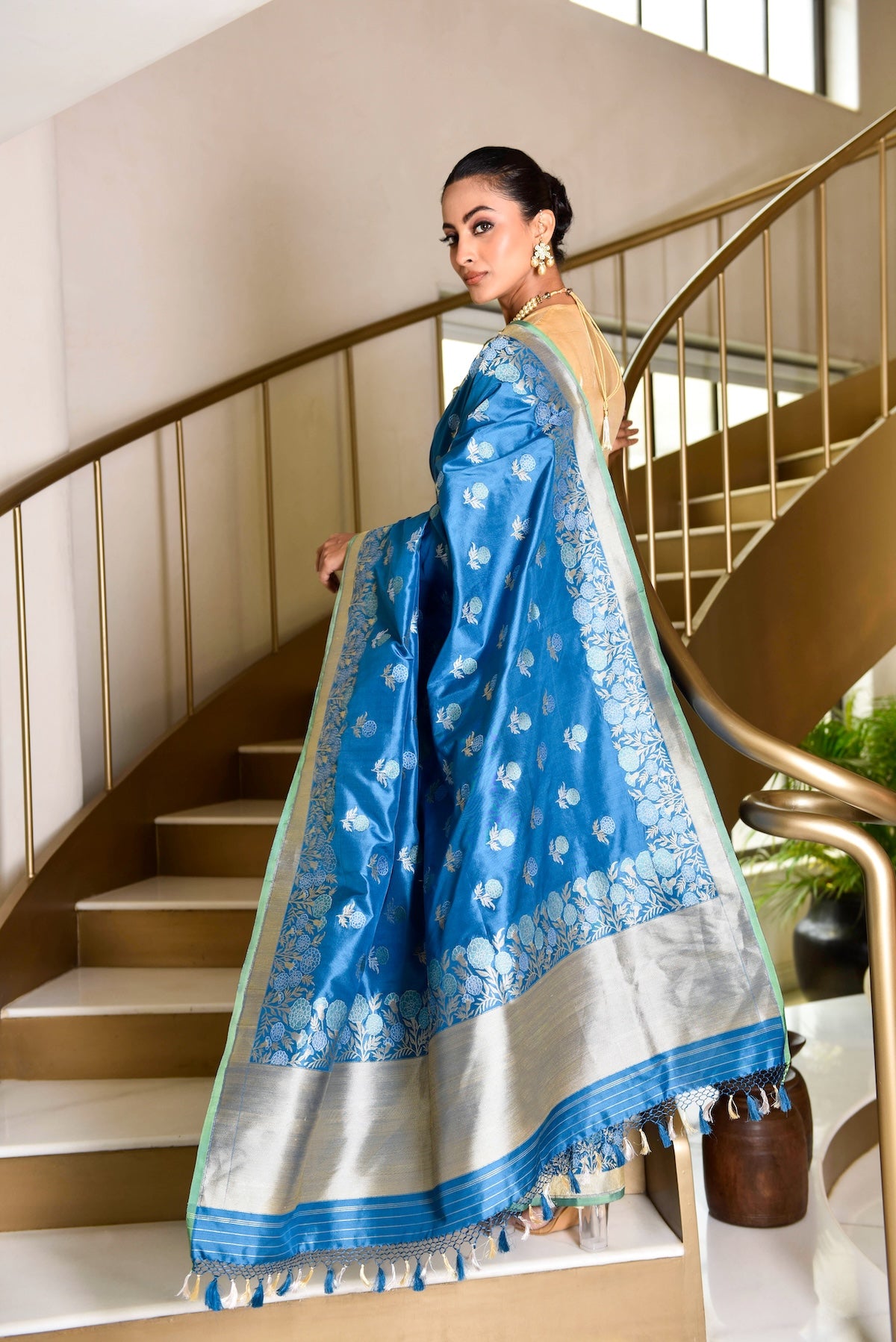 Banaras Katan Silk Genda Phool Saree – Blue