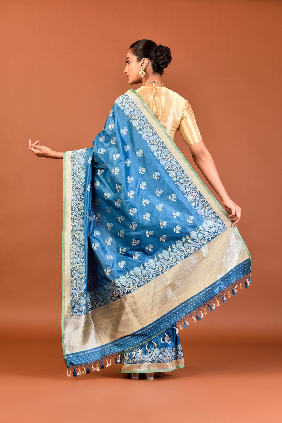 Banaras Katan Silk Genda Phool Saree – Blue