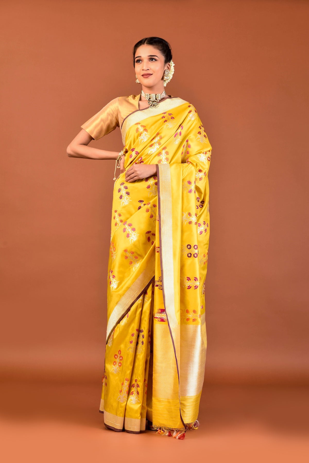 Banaras Katan Silk Rangeen Bagh Saree – Yellow