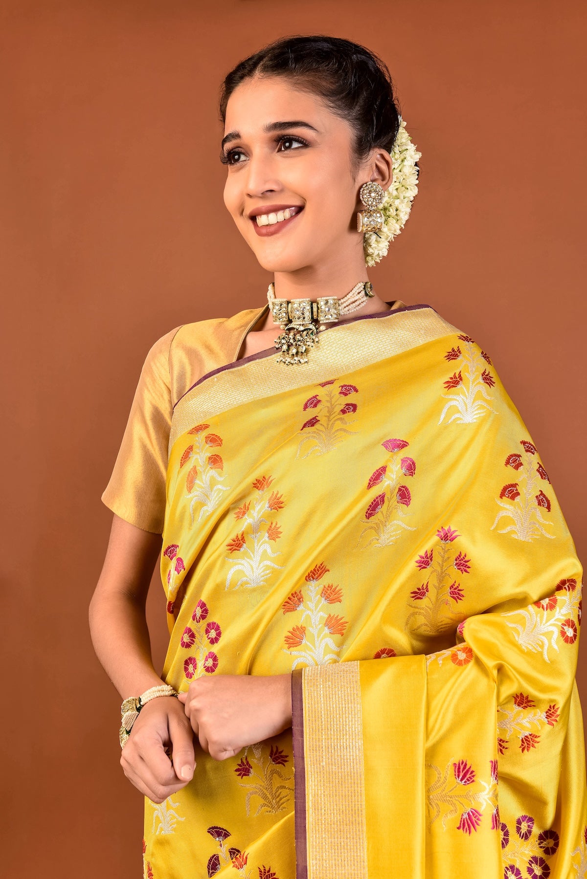 Banaras Katan Silk Rangeen Bagh Saree – Yellow