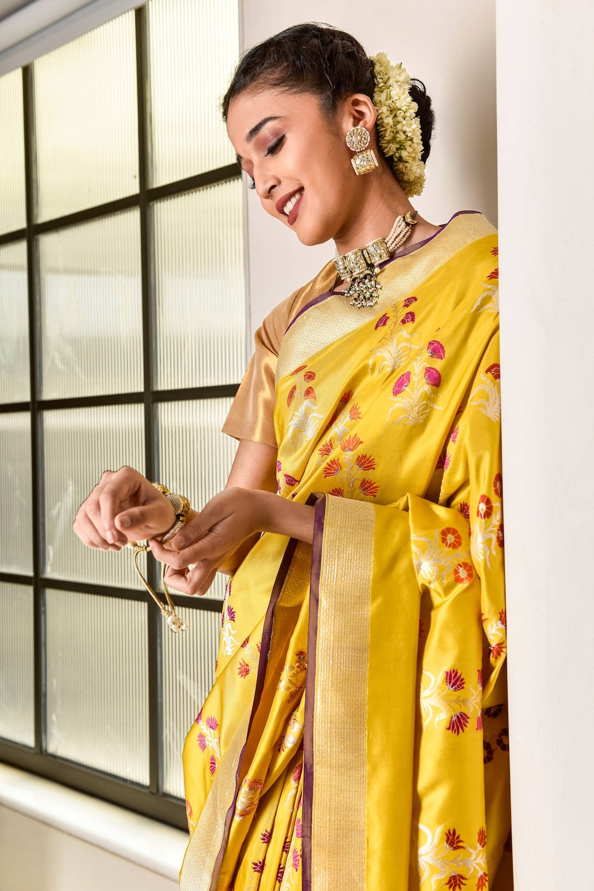 Banaras Katan Silk Rangeen Bagh Saree – Yellow