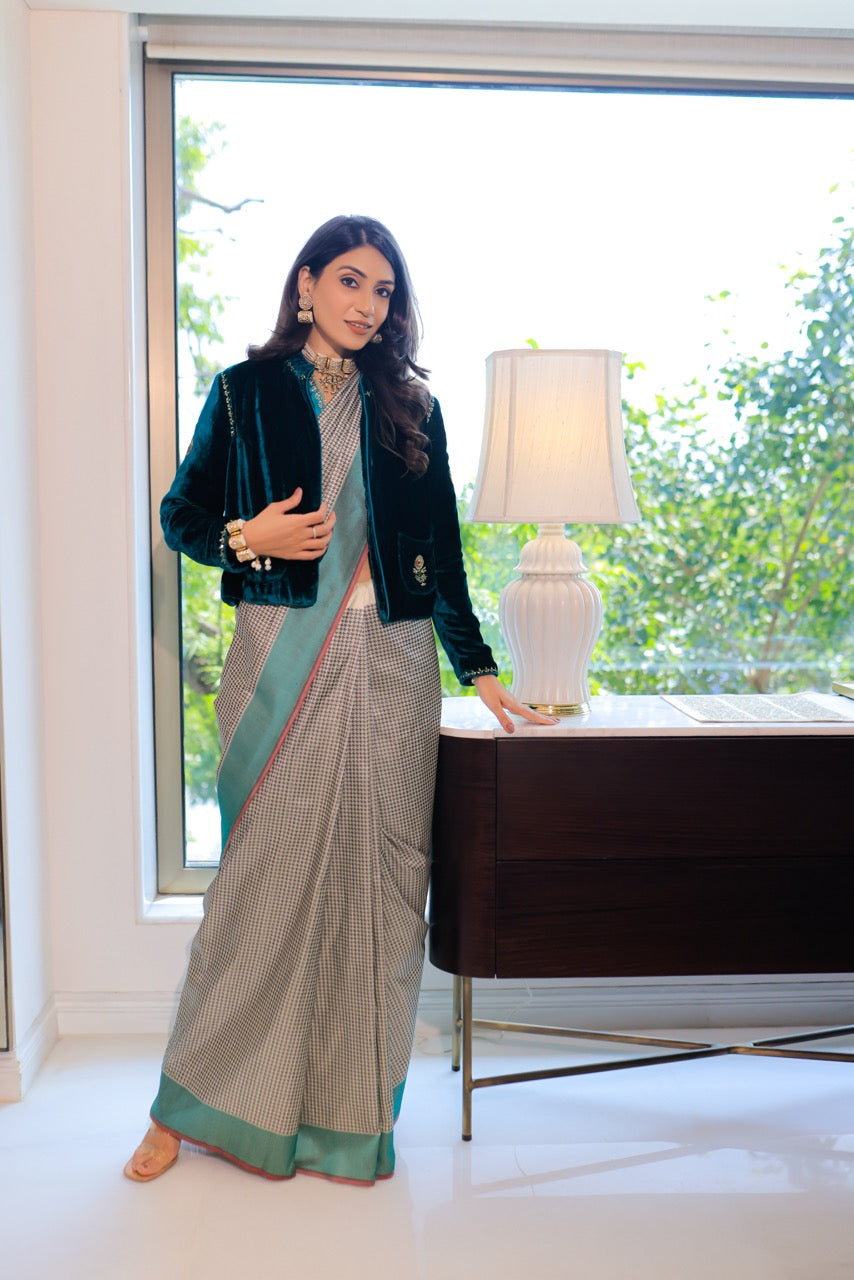Banaras Silk Houndstooth Ivory Saree
