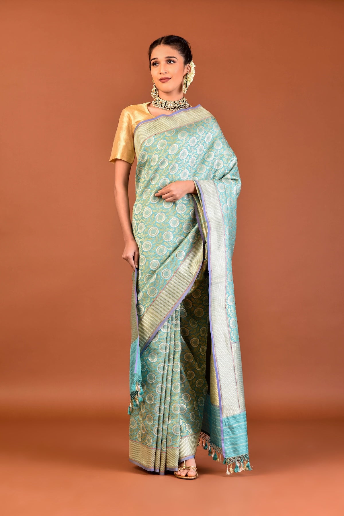 Banaras Katan Silk Marigold Jaal Tab Embroidery Saree – Turquoise