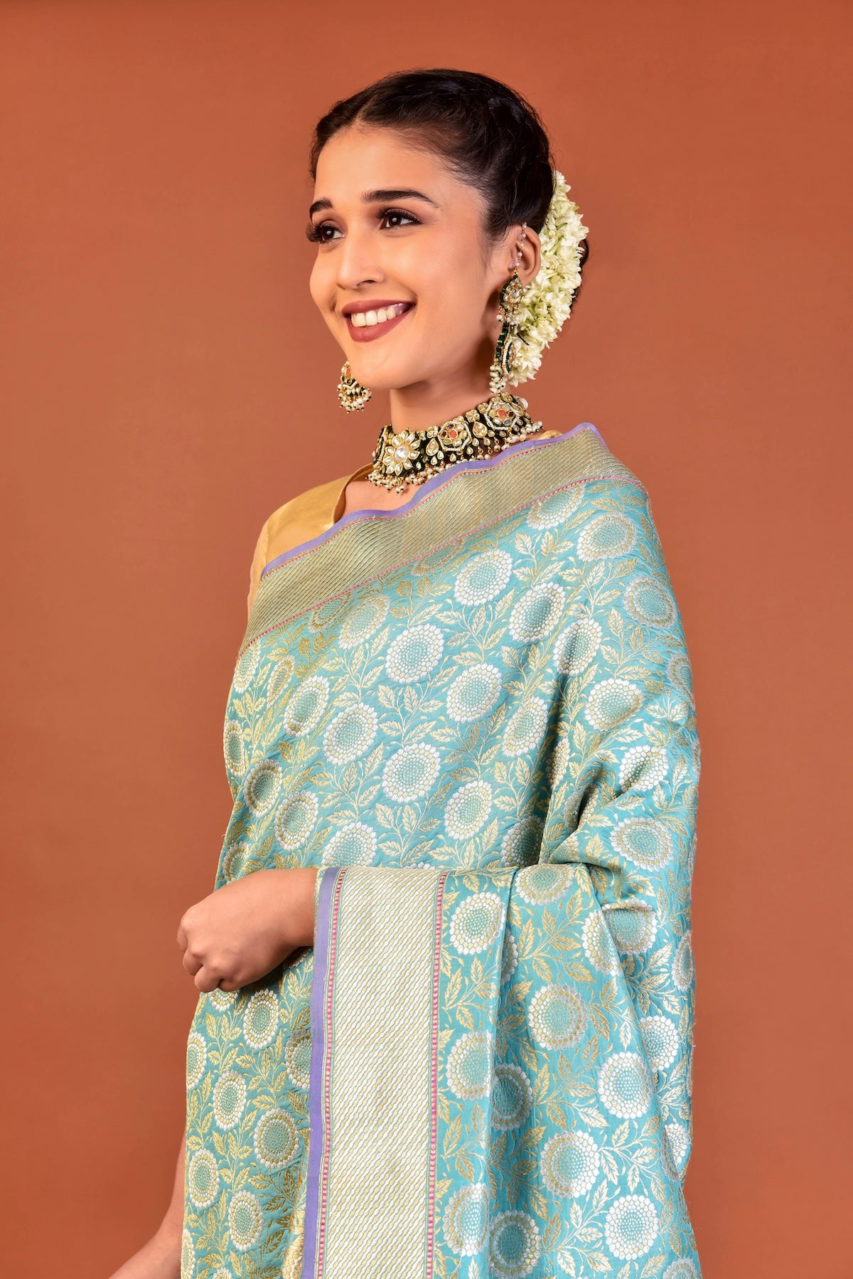Banaras Katan Silk Marigold Jaal Tab Embroidery Saree – Turquoise