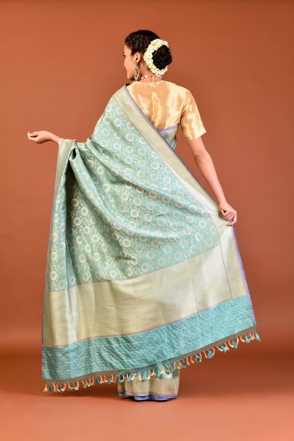 Banaras Katan Silk Marigold Jaal Tab Embroidery Saree – Turquoise