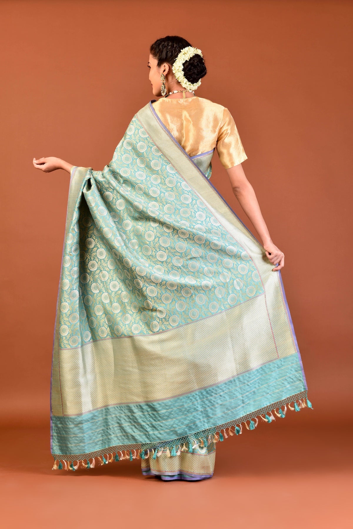 Banaras Katan Silk Marigold Jaal Tab Embroidery Saree – Turquoise