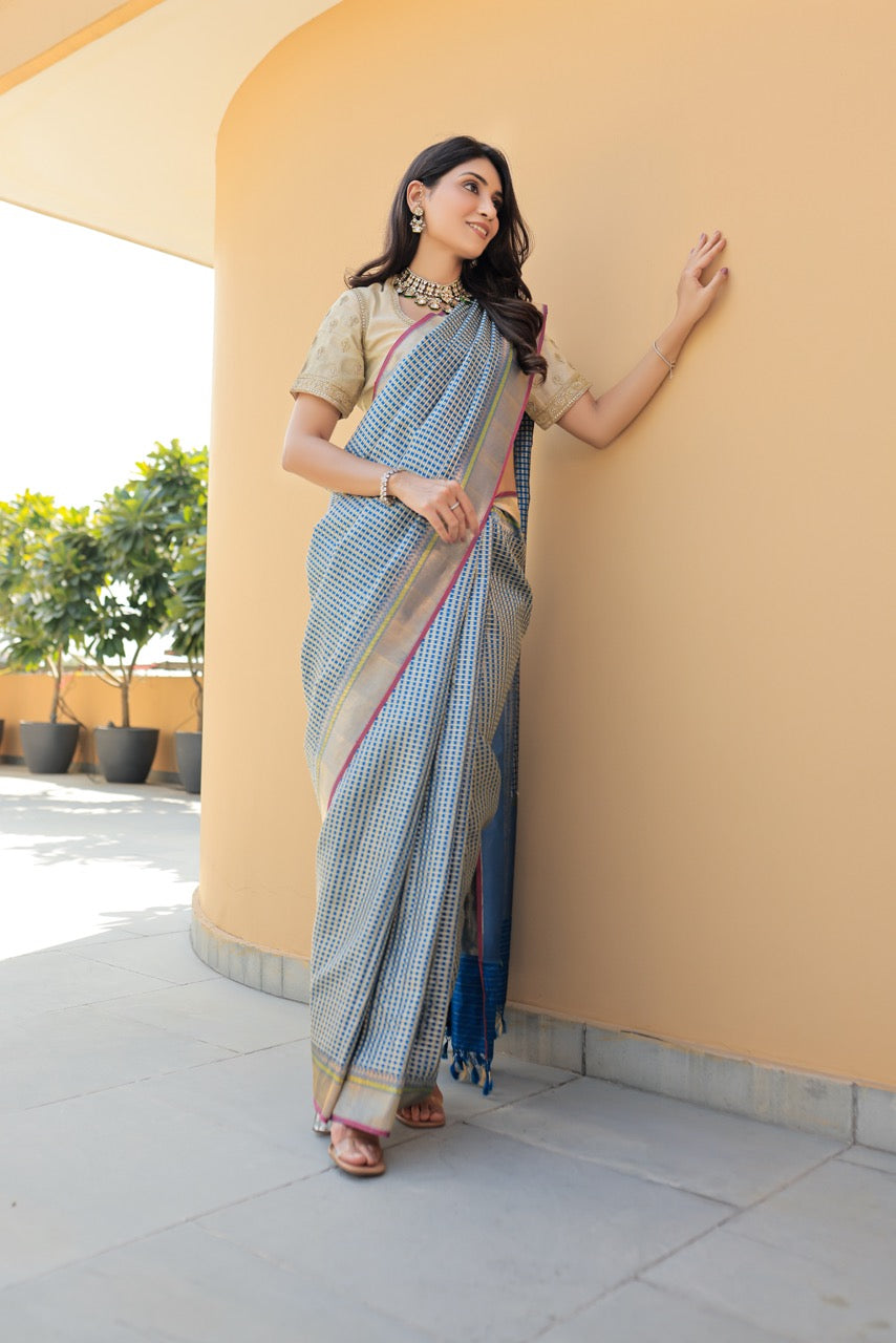 Banaras Silk Bridal Jaal Saree – Blue
