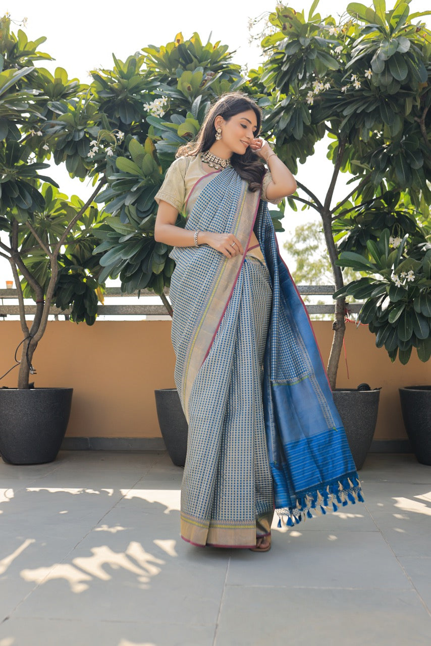 Banaras Silk Bridal Jaal Saree – Blue