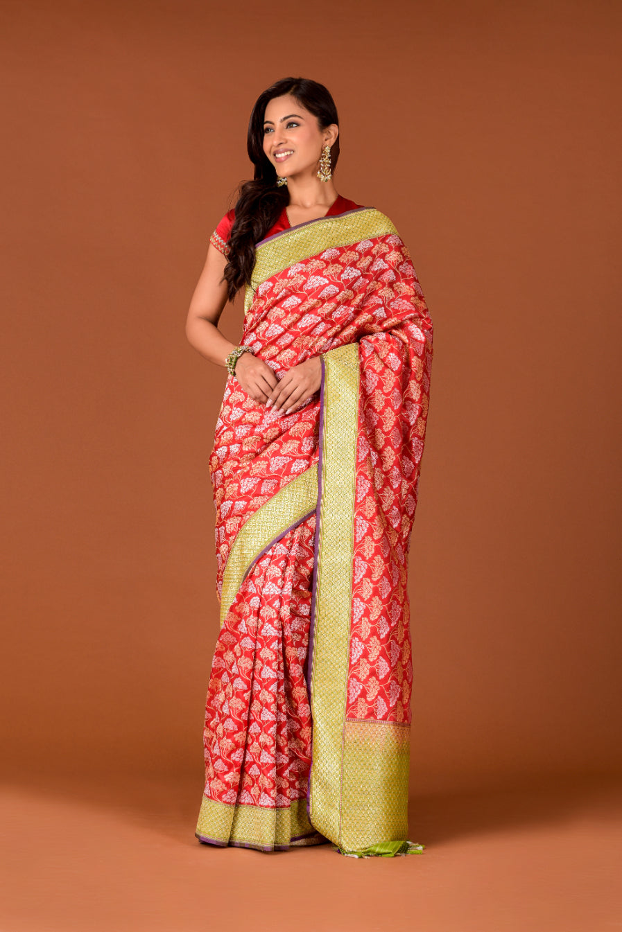 Banaras Katan Silk Saree – Red | All-Over Silver & Gold Cluster Jaal Weave | Lime Zari Border | Handwoven Banarasi Saree