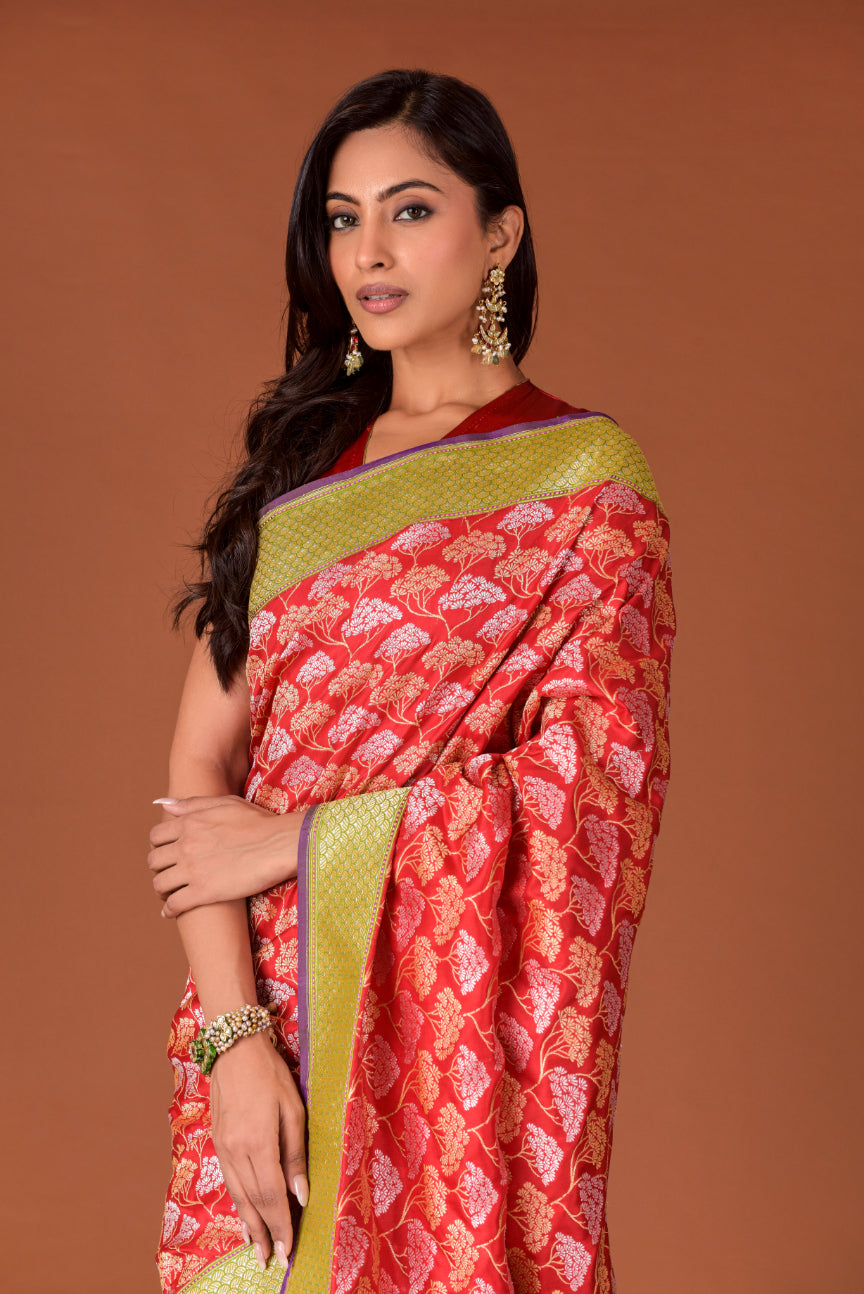Banaras Katan Silk Saree – Red | All-Over Silver & Gold Cluster Jaal Weave | Lime Zari Border | Handwoven Banarasi Saree