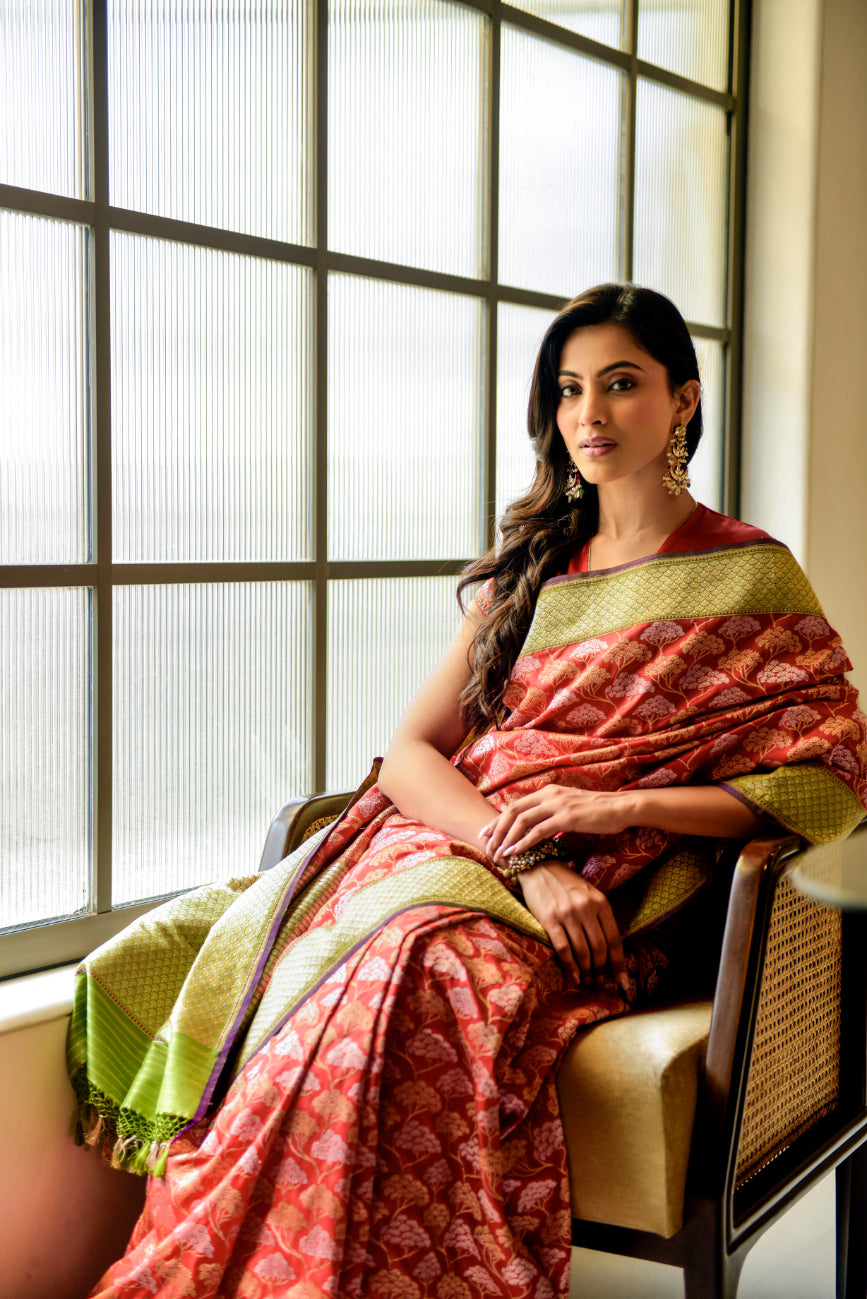 Banaras Katan Silk Saree – Red | All-Over Silver & Gold Cluster Jaal Weave | Lime Zari Border | Handwoven Banarasi Saree