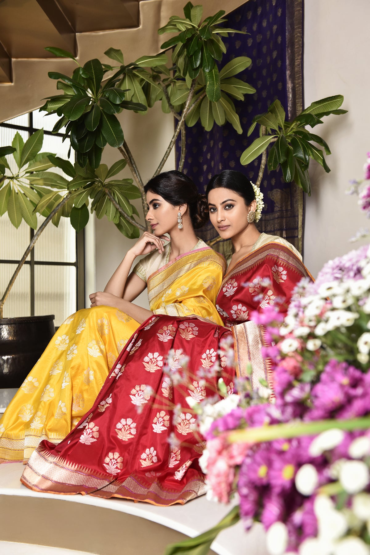Banarasi Silk Lotus Buti Silver Gold Red Saree