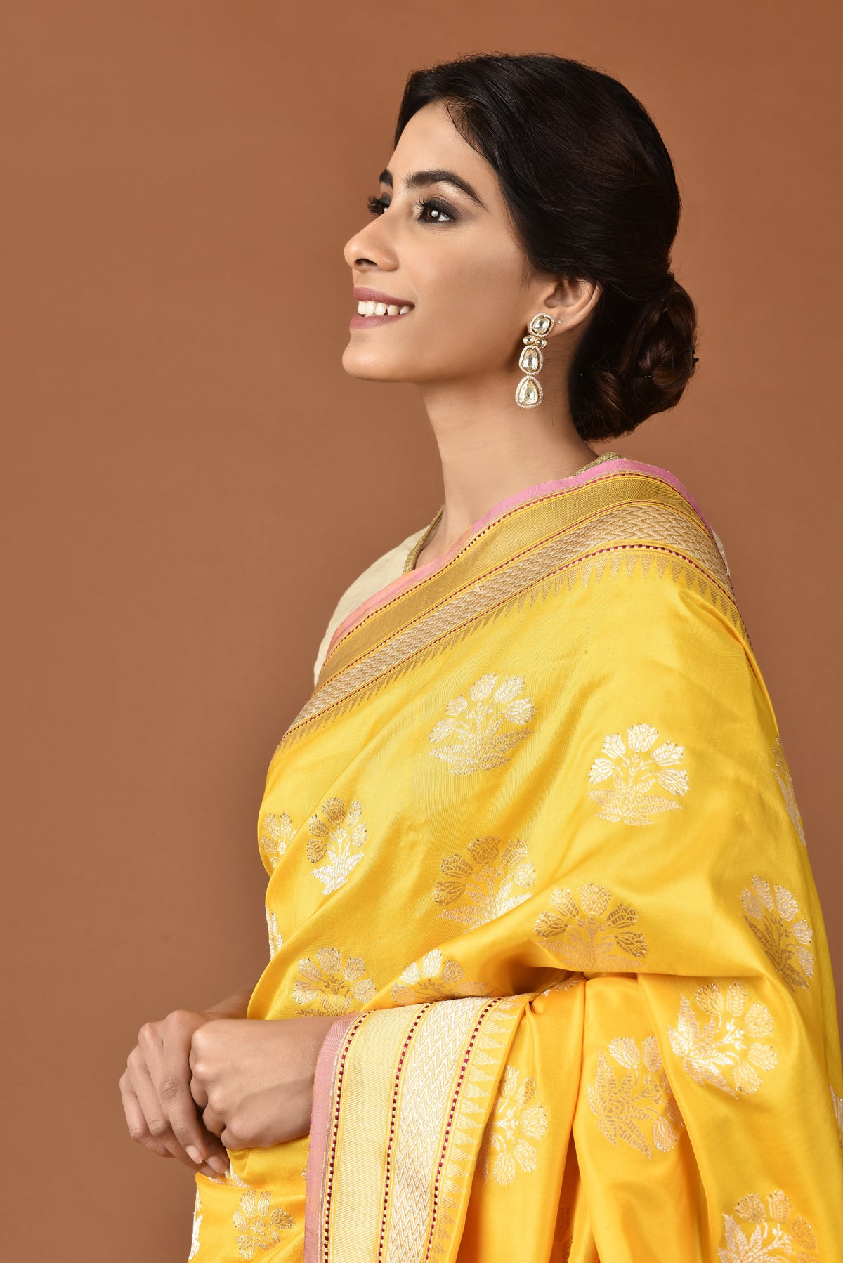 Banarasi Silk Lotus Buti Silver Gold Yellow Saree