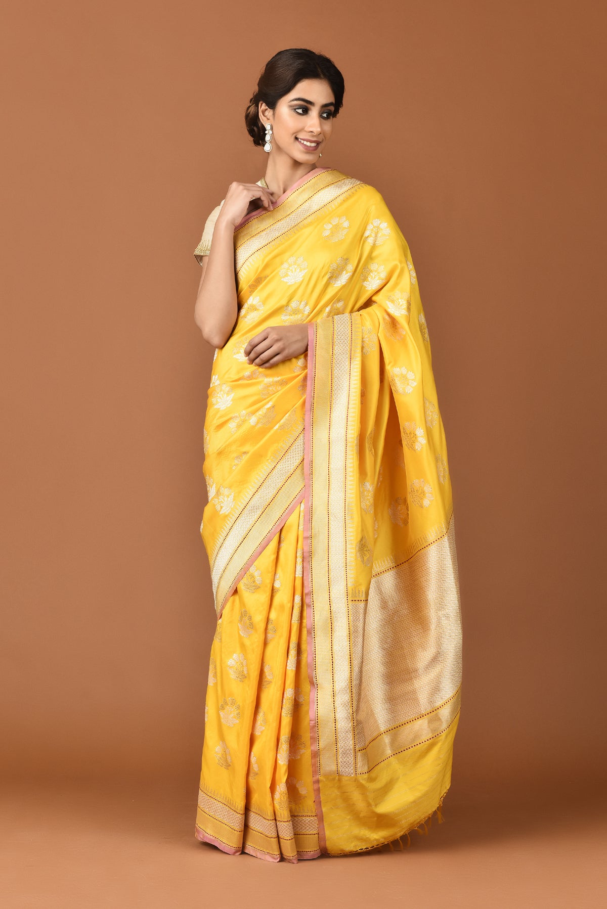 Banarasi Silk Lotus Buti Silver Gold Yellow Saree