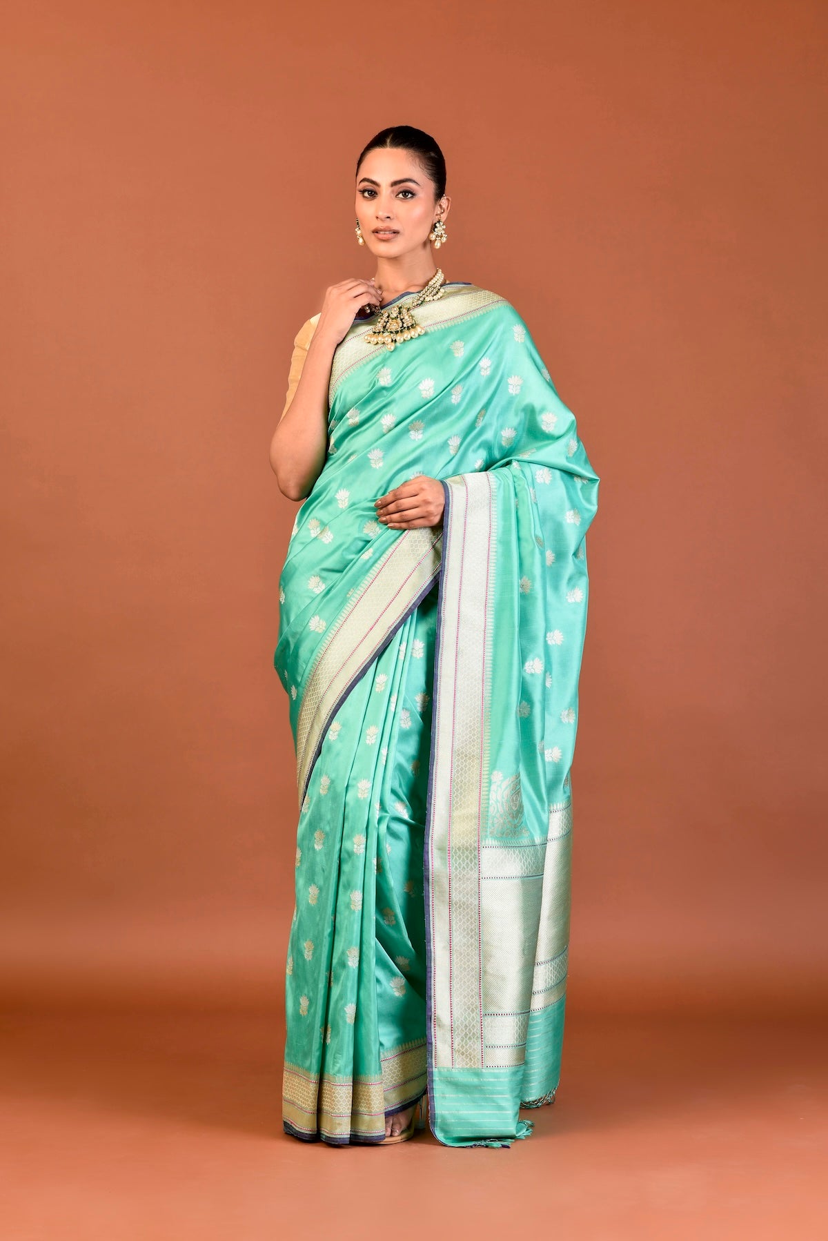 Banaras Katan Silk Lotus Buti Silver Gold Saree - Aqua