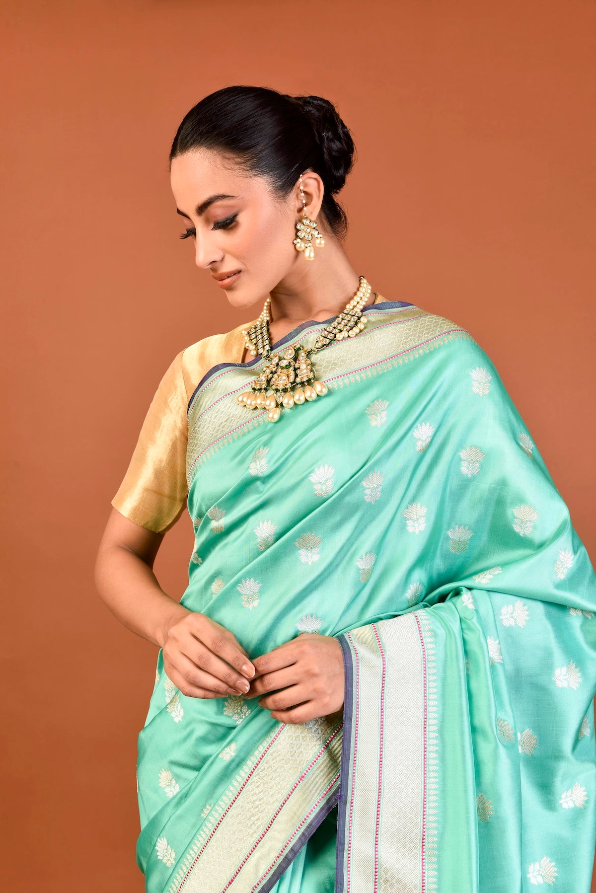 Banaras Katan Silk Lotus Buti Silver Gold Saree - Aqua