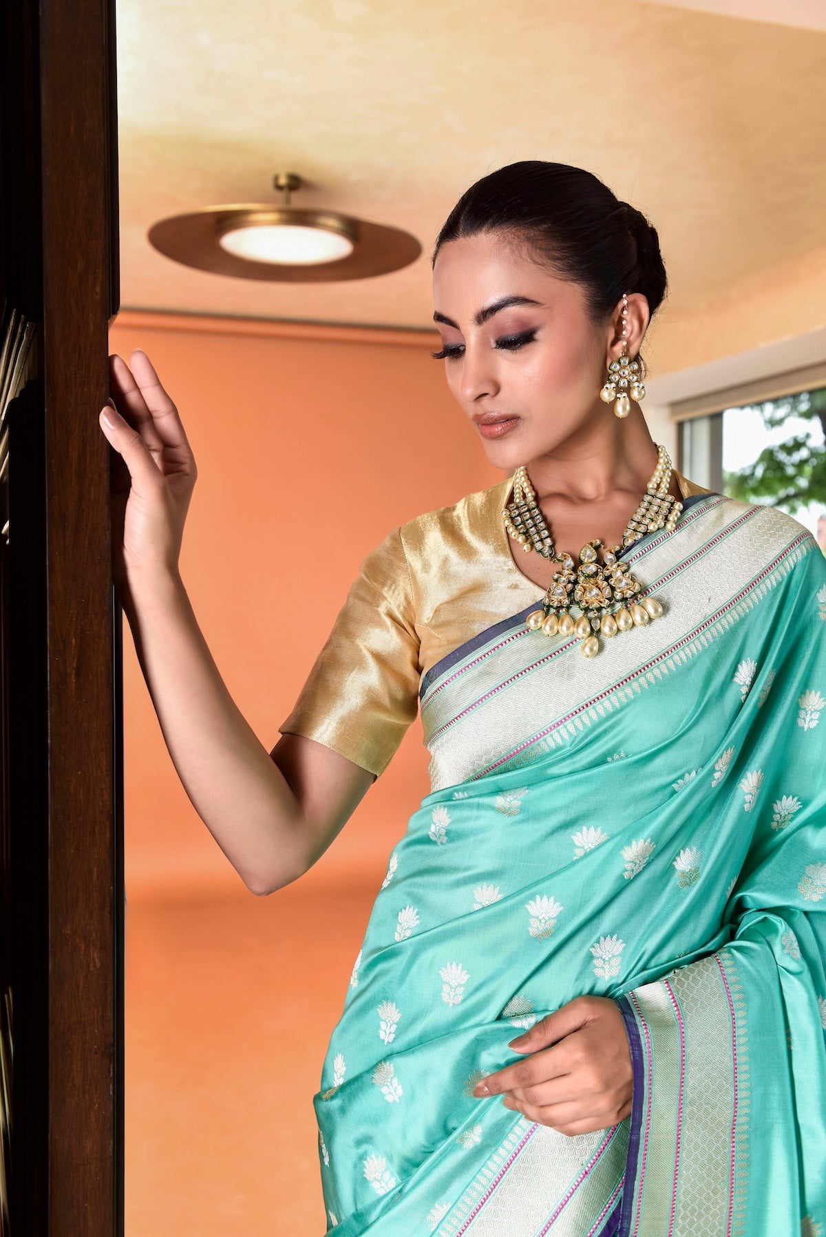 Banaras Katan Silk Lotus Buti Silver Gold Saree - Aqua