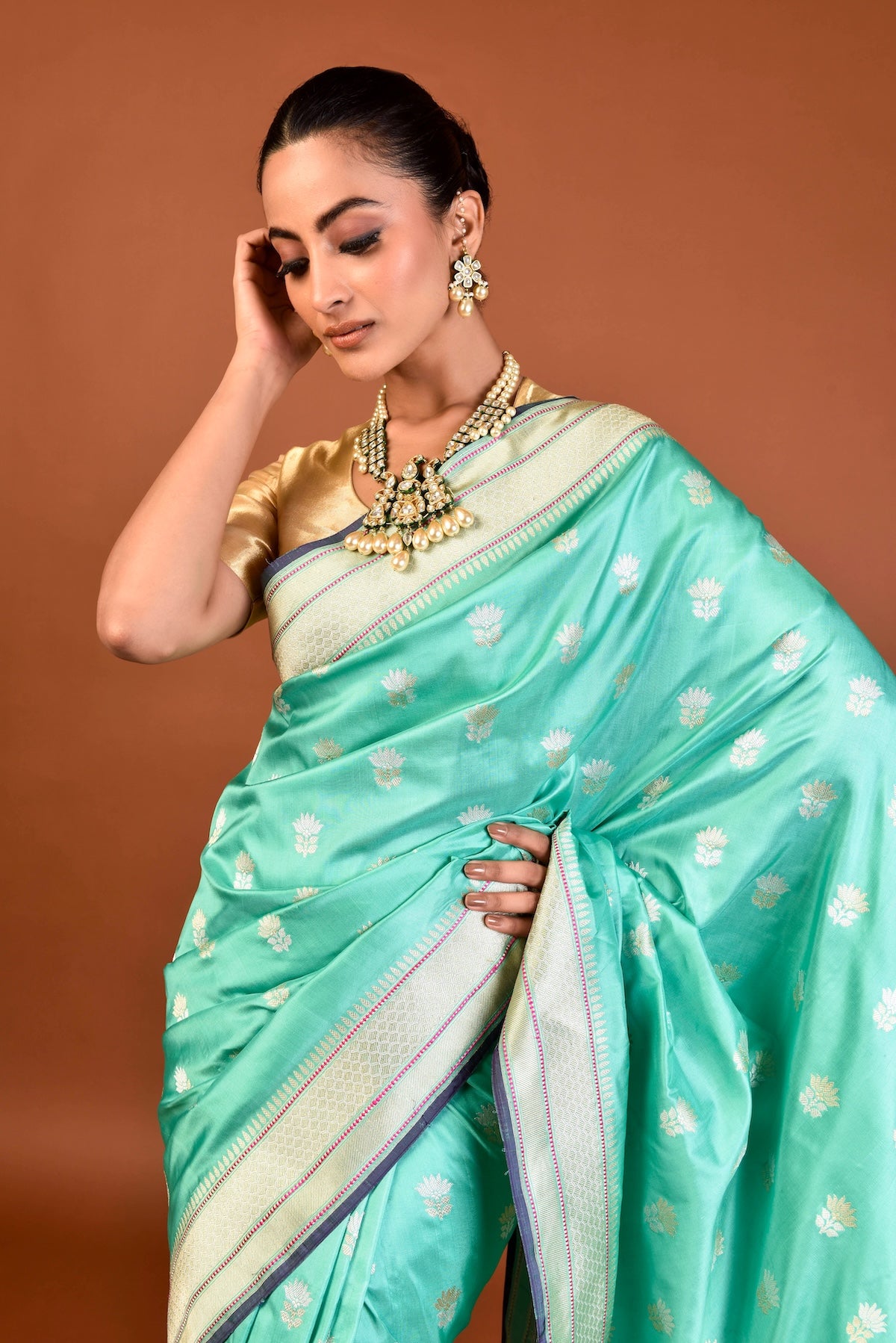 Banaras Katan Silk Lotus Buti Silver Gold Saree - Aqua