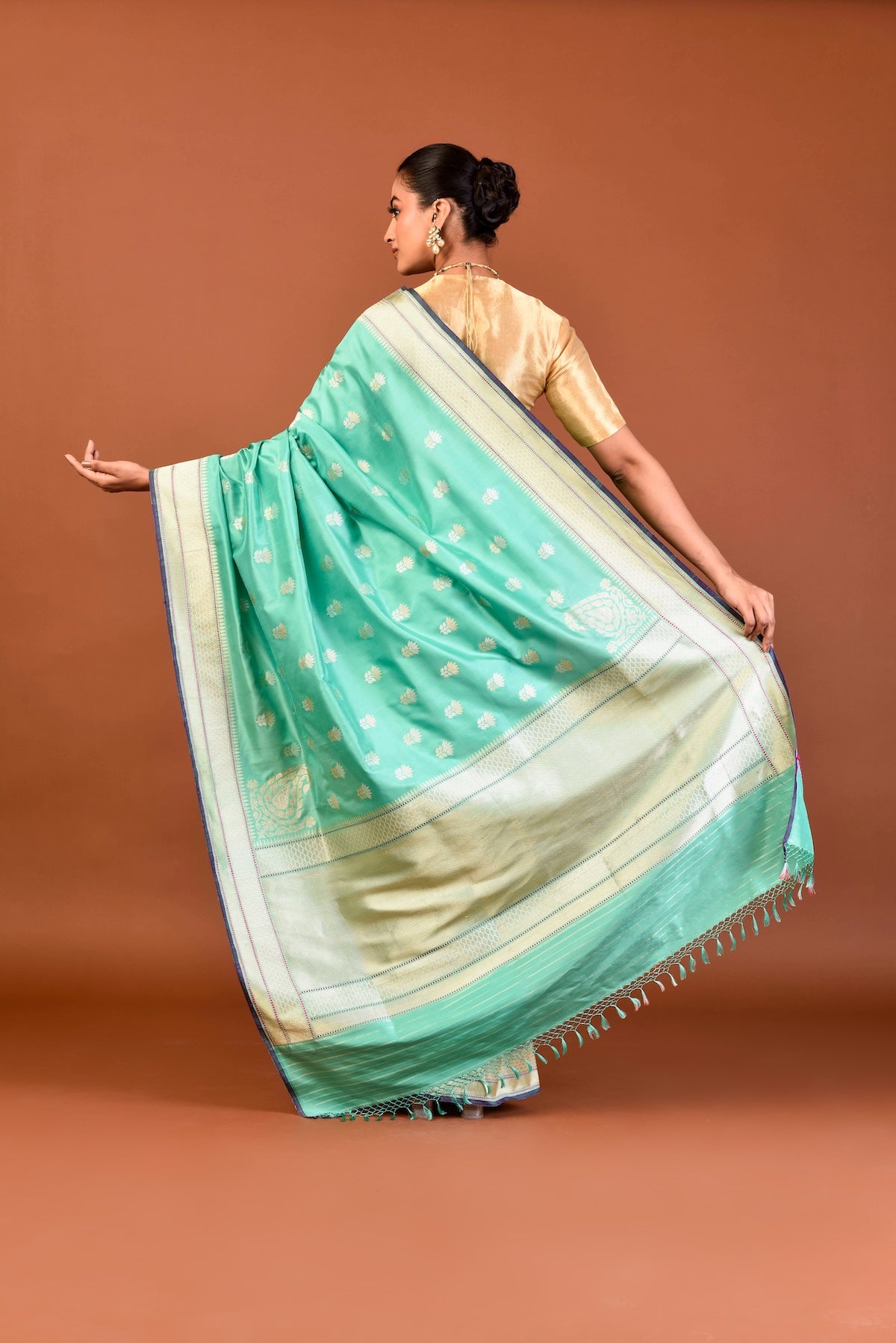 Banaras Katan Silk Lotus Buti Silver Gold Saree - Aqua