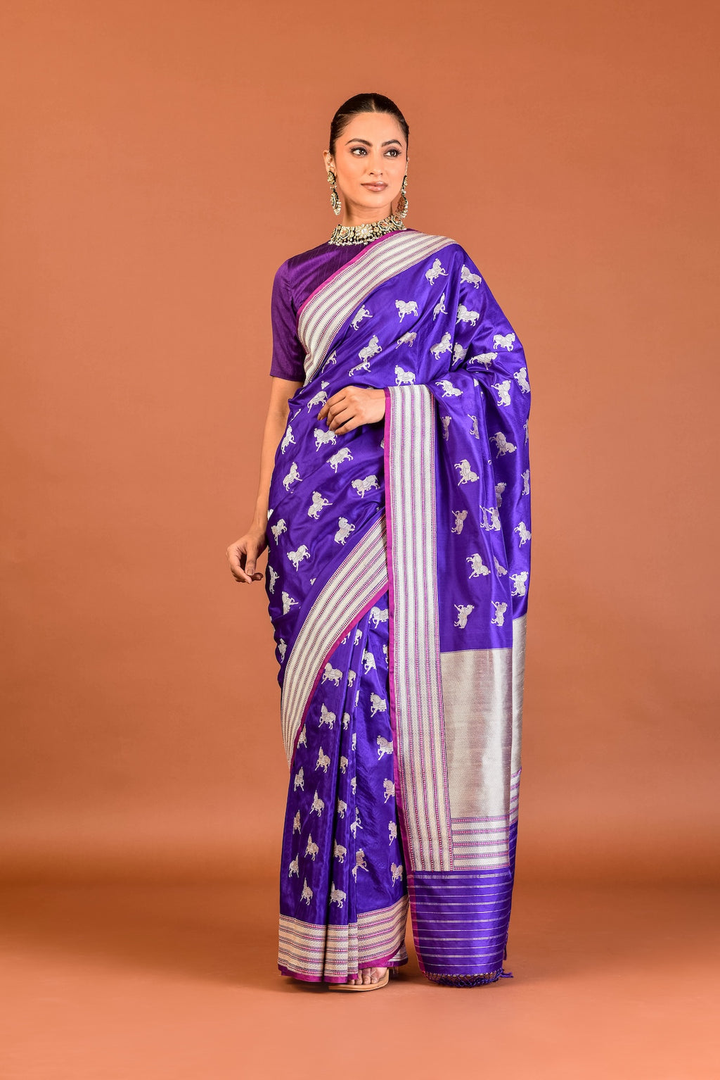Banaras Katan Silk Chetak Silver Gold Saree – Purple