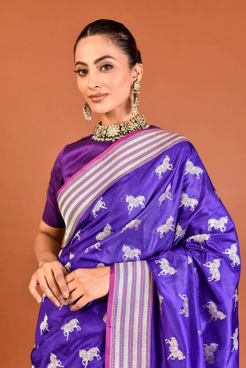 Banaras Katan Silk Chetak Silver Gold Saree – Purple
