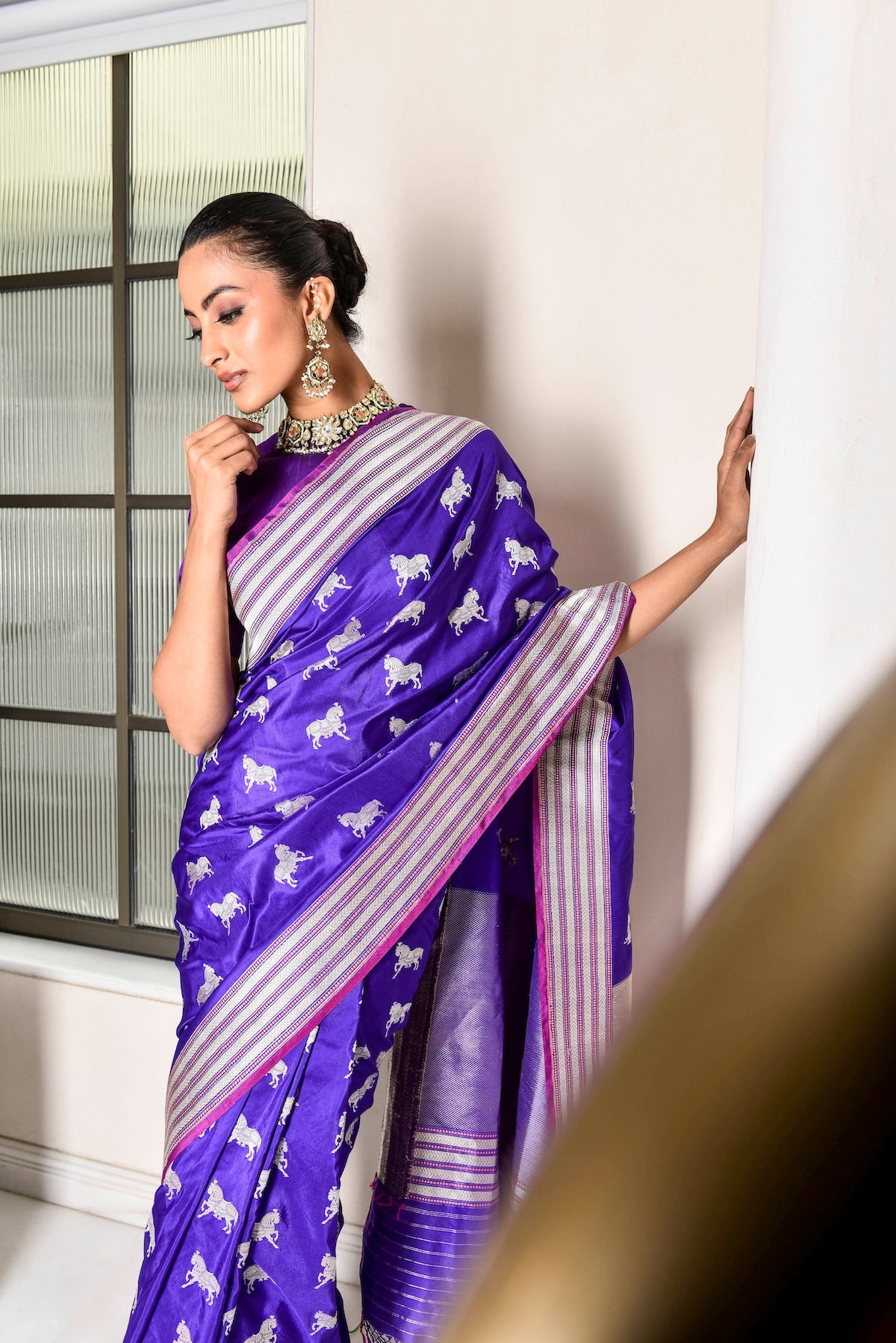 Banaras Katan Silk Chetak Silver Gold Saree – Purple