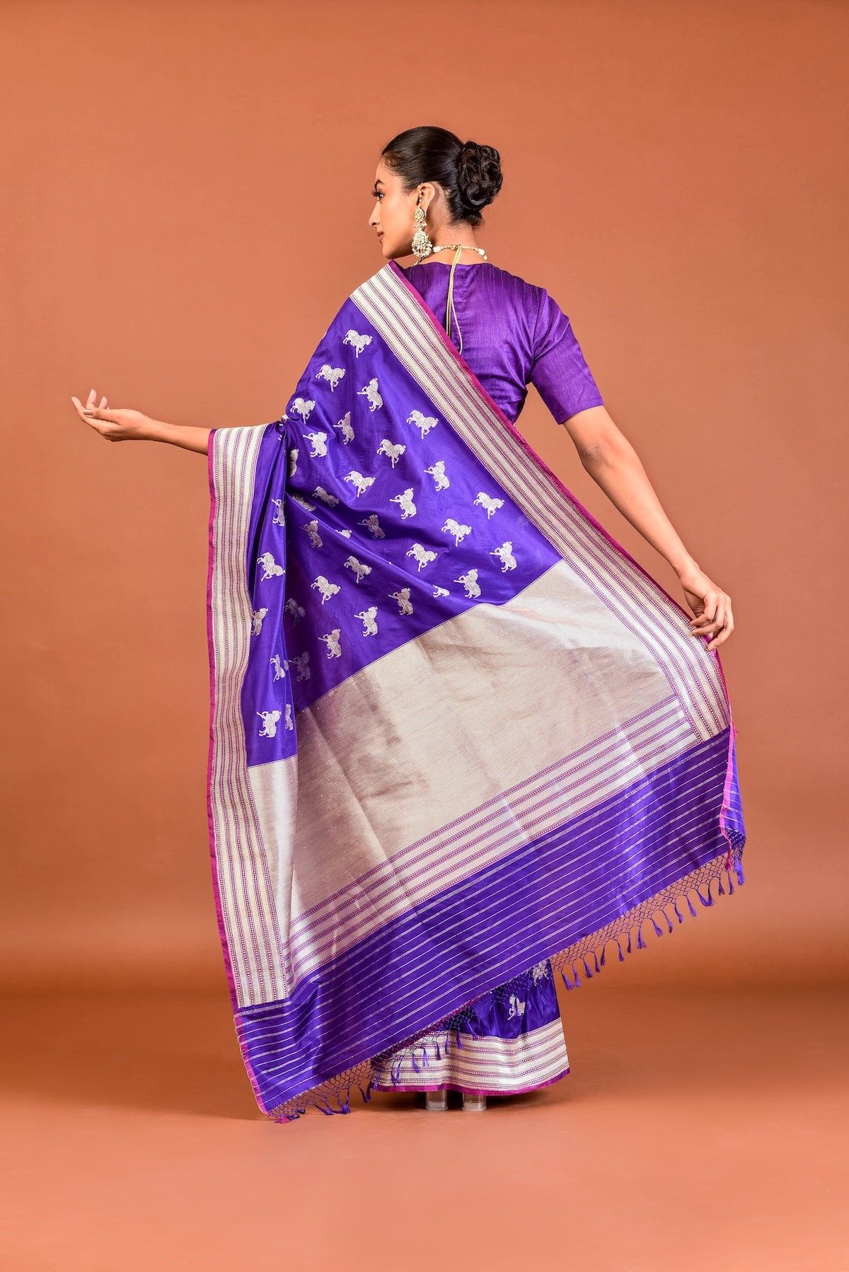 Banaras Katan Silk Chetak Silver Gold Saree – Purple