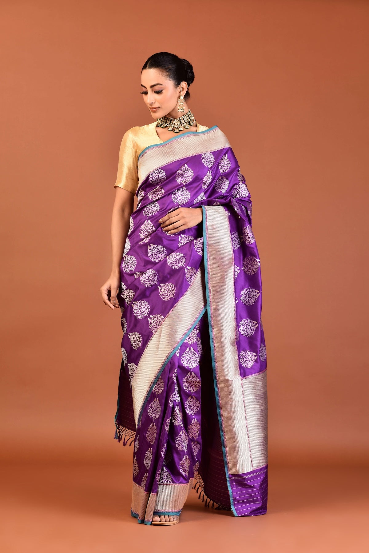 Banaras Katan Silk Saree with Bird-on-Tree Motifs – Purple