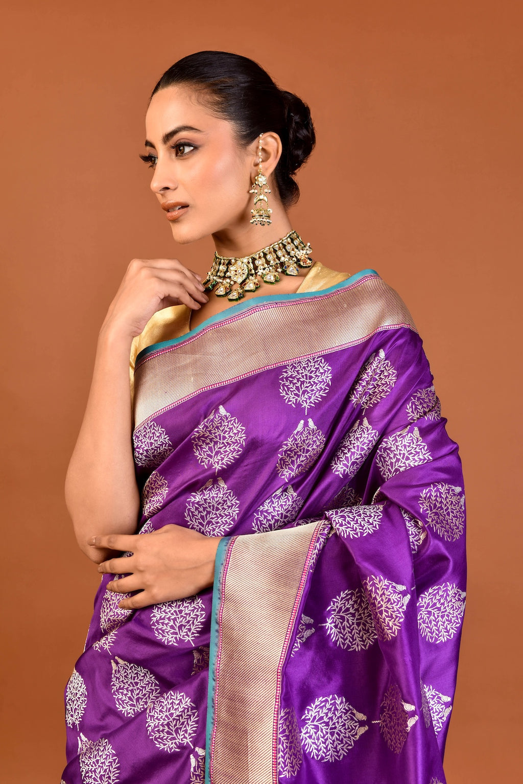 Banaras Katan Silk Saree with Bird-on-Tree Motifs – Purple