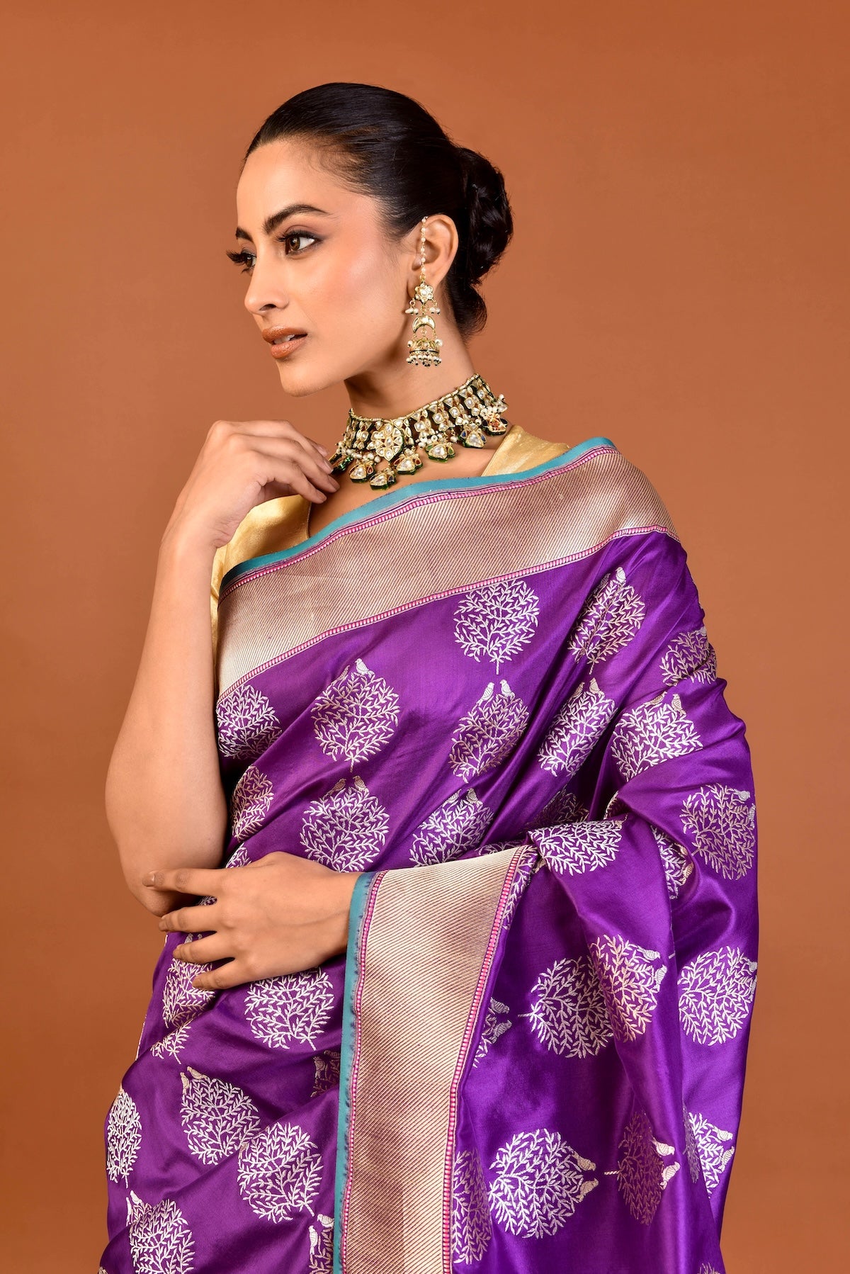 Banaras Katan Silk Saree with Bird-on-Tree Motifs – Purple